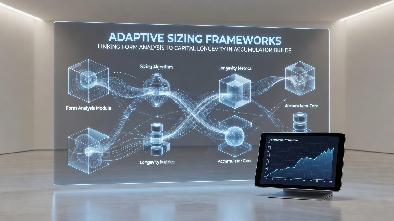 Diagram illustrating adaptive stake sizing models connected to performance form metrics in accumulator strategies