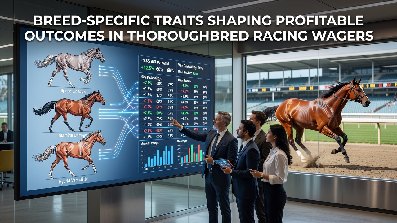 Thoroughbred horses displaying distinct breed characteristics on a racetrack