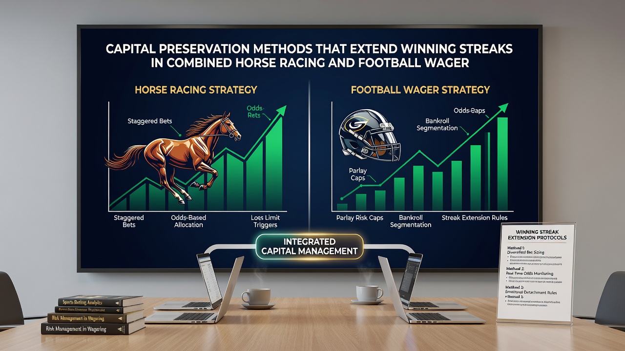 Close-up of a laptop displaying betting analytics alongside printed racecards and football statistics sheets arranged on a desk