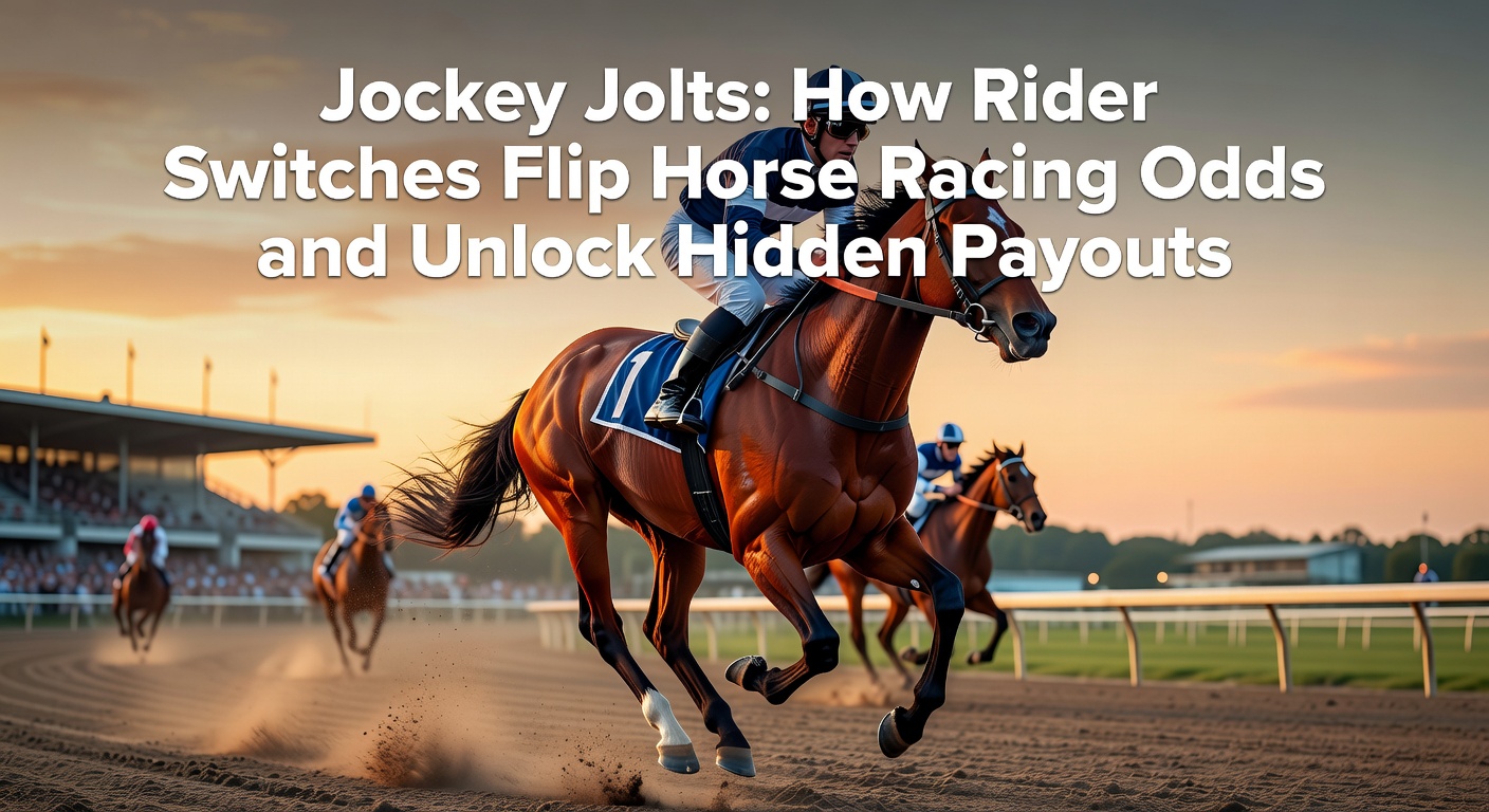 A jockey mid-switch atop a galloping thoroughbred, capturing the high-stakes drama of rider changes in horse racing