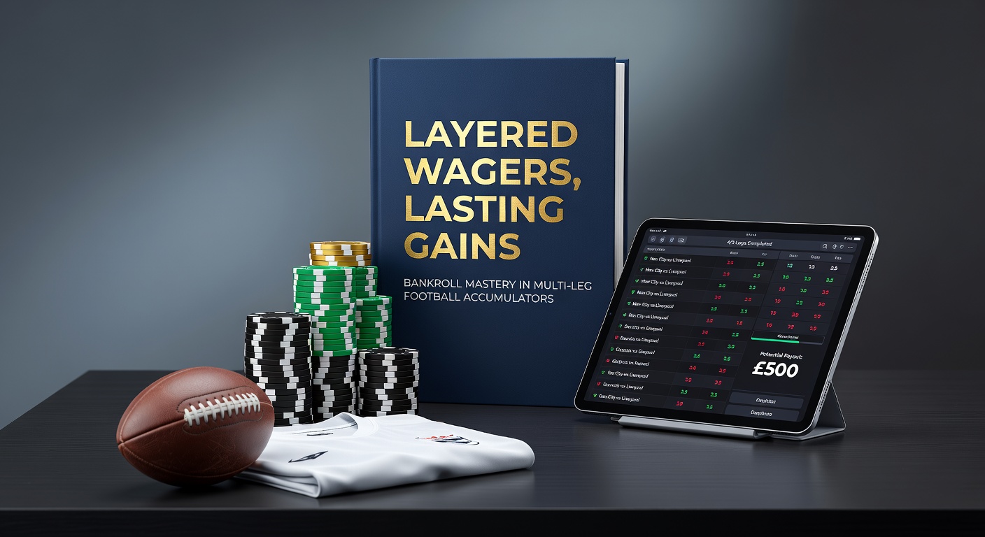 Graphic illustrating stacked football accumulator bets with bankroll growth charts overlayed on a soccer pitch