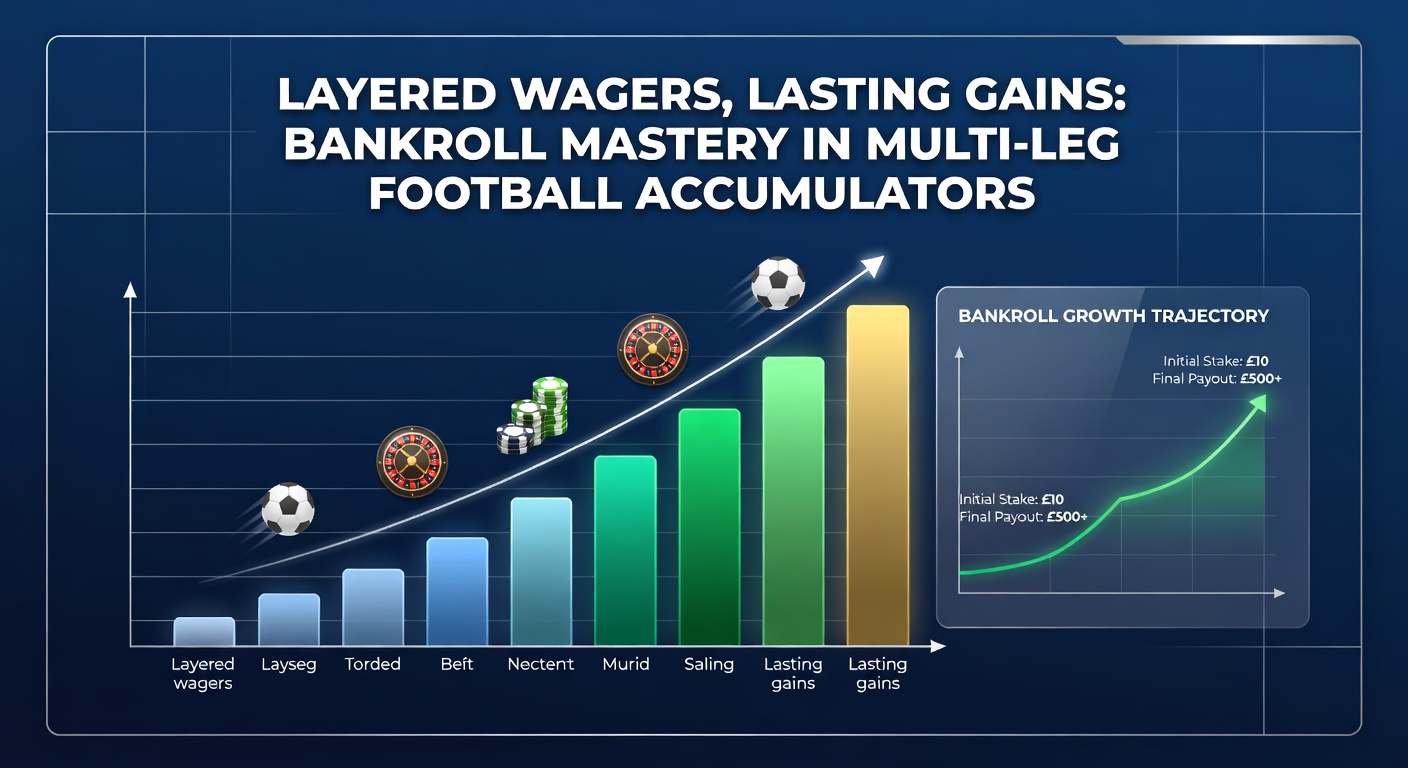 Chart comparing bankroll trajectories for layered versus single-stake accumulator strategies over a season