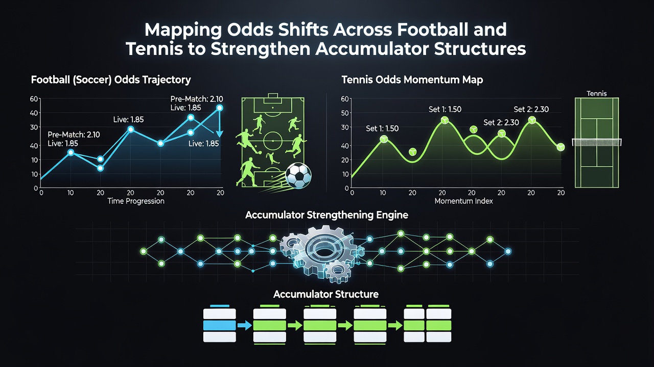 Visual representation of odds movement tracking across football and tennis events with accumulator overlays