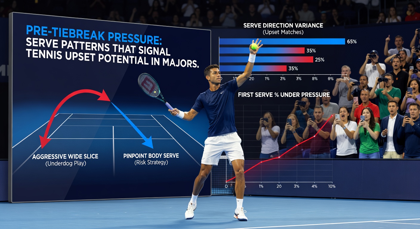 Close-up of a tennis scoreboard showing 6-6 tiebreak looming, with serve stats overlay highlighting error spikes