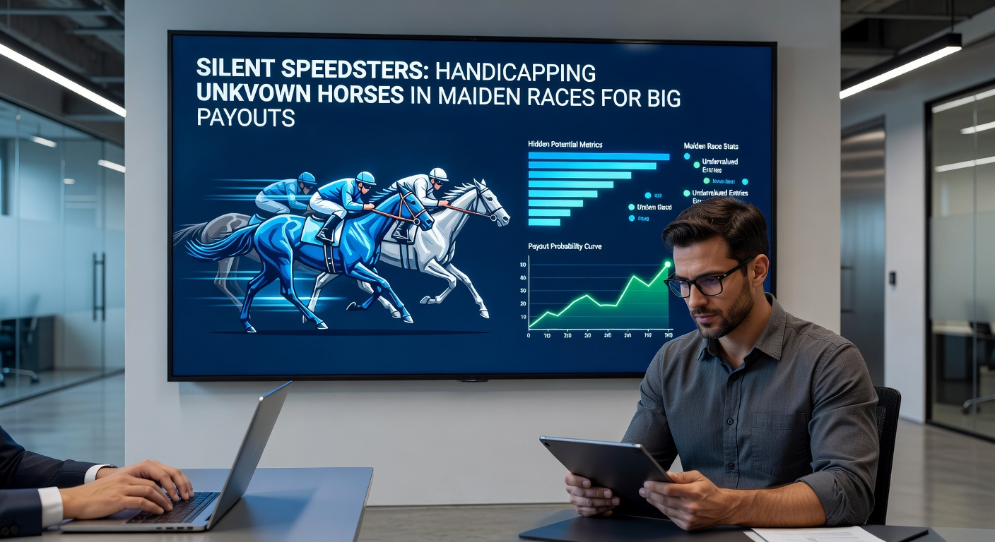 A young thoroughbred horse galloping on a racetrack during a maiden race workout, capturing the anticipation of an unknown contender