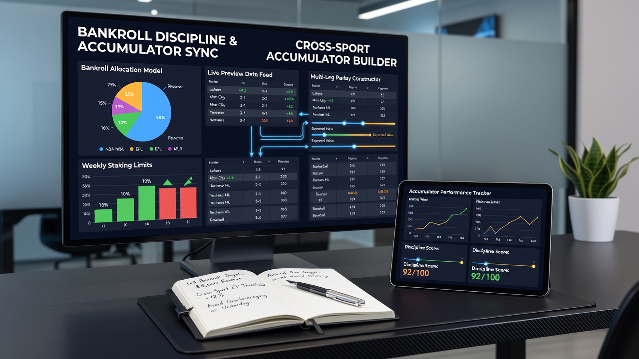 Analysts examining detailed preview charts and accumulator stake calculations on a digital dashboard
