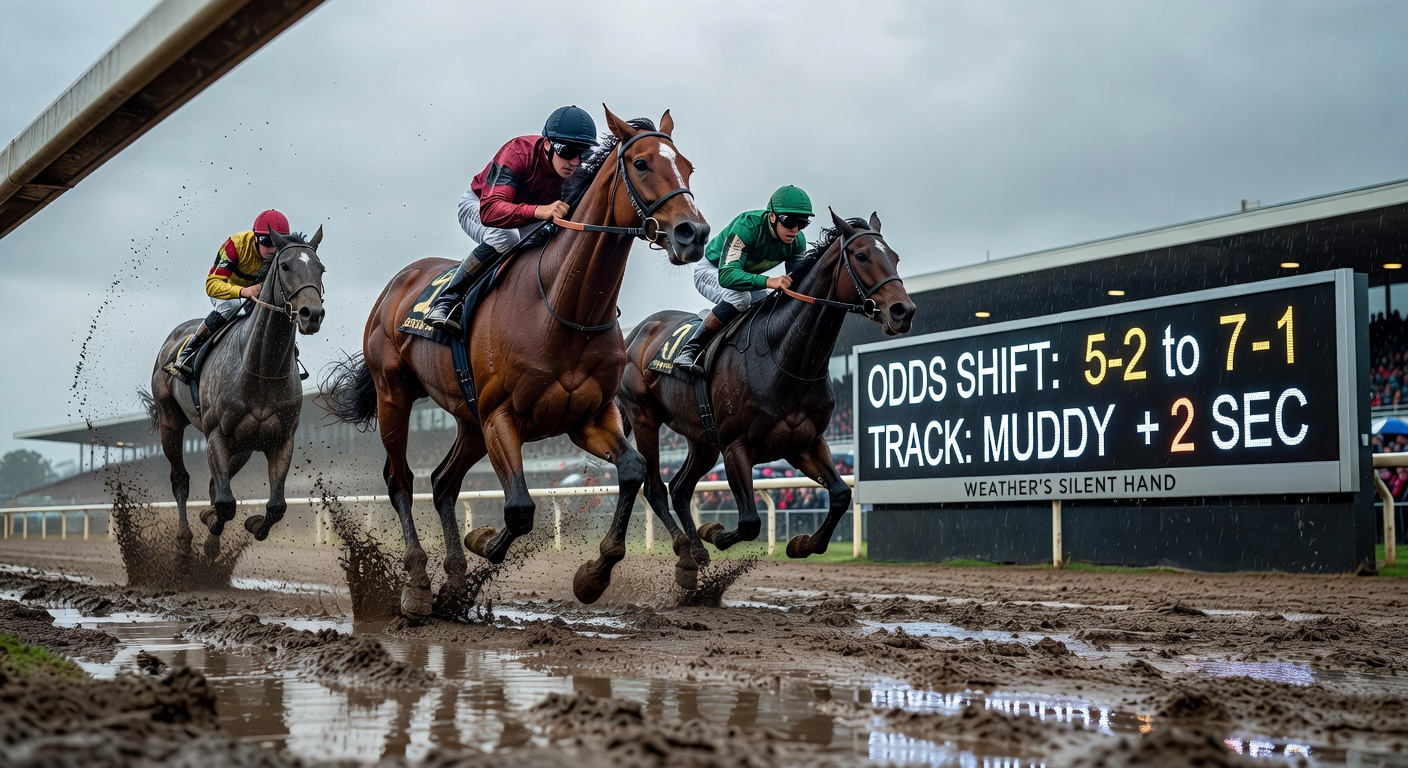 Close-up of jockeys and horses battling through a heavy turf track, mud flying from hooves amid overcast skies